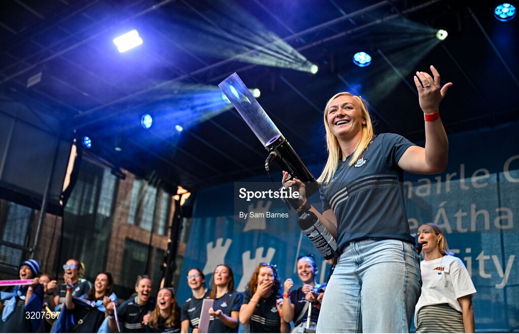 5 August 2025; Carla Rowe during the homecoming of TG4 All-Ireland Ladies Senior Football Champions, Dublin, at Smithfield Square in Dublin. Photo by Sam Barnes/Sportsfile