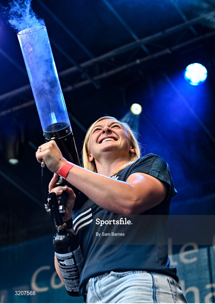 5 August 2025; Dublin captain Carla Rowe during the homecoming of TG4 All-Ireland Ladies Senior Football Champions, Dublin, at Smithfield Square in Dublin. Photo by Sam Barnes/Sportsfile