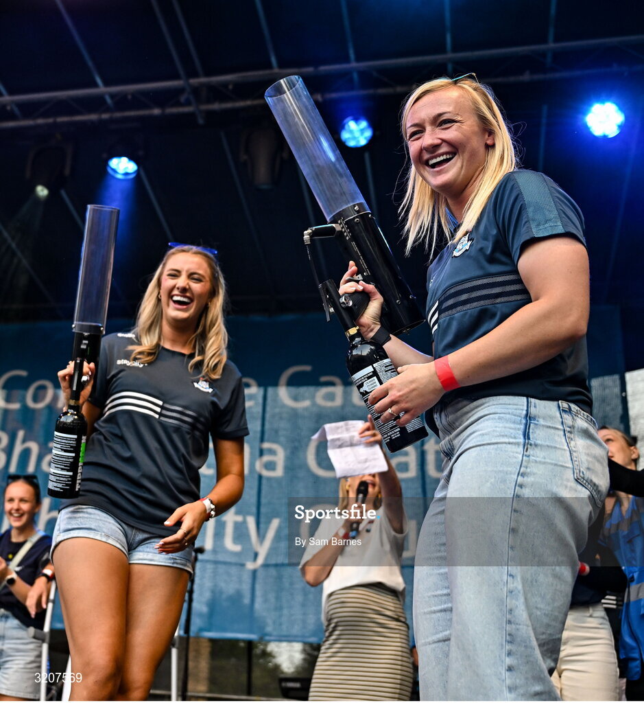 5 August 2025; Carla Rowe, right, and Chloe Darby during the homecoming of TG4 All-Ireland Ladies Senior Football Champions, Dublin, at Smithfield Square in Dublin. Photo by Sam Barnes/Sportsfile