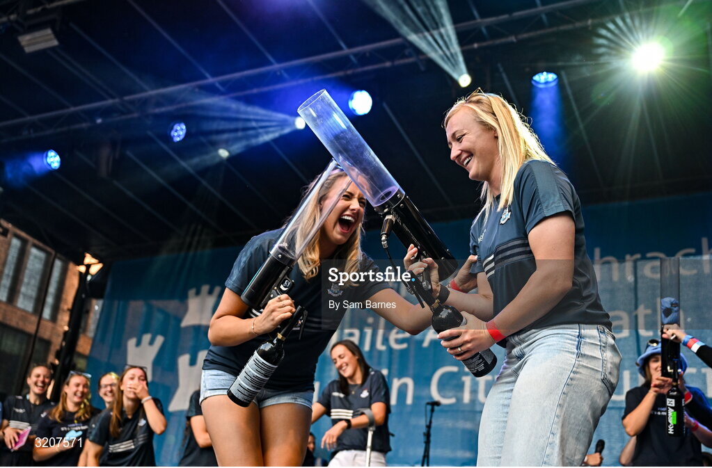5 August 2025; Carla Rowe, right, and Chloe Darby during the homecoming of TG4 All-Ireland Ladies Senior Football Champions, Dublin, at Smithfield Square in Dublin. Photo by Sam Barnes/Sportsfile