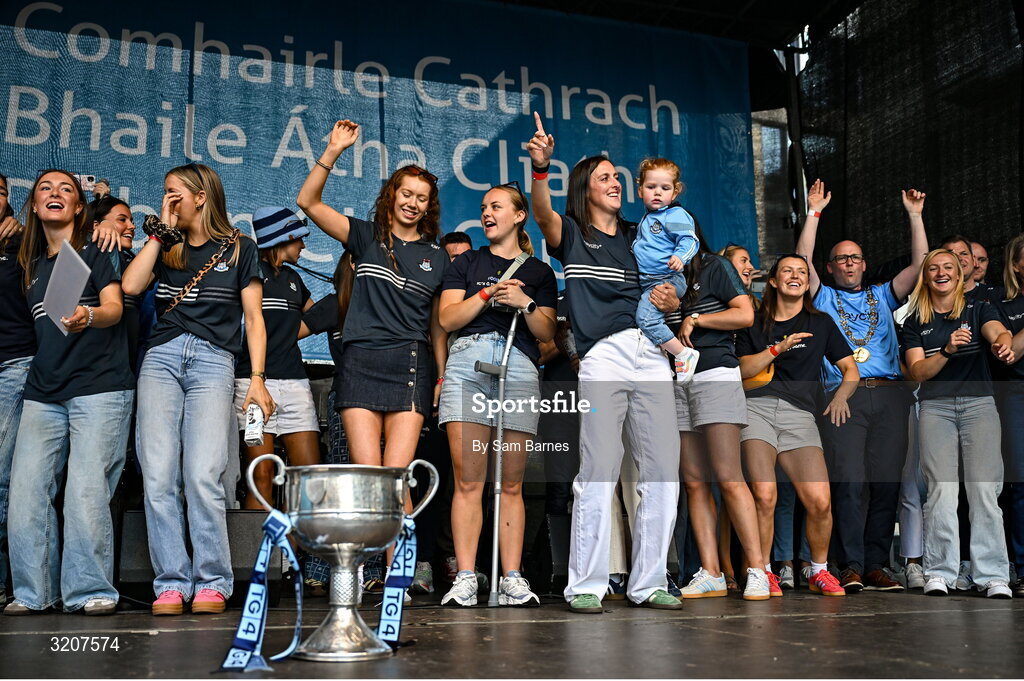 5 August 2025; TG4 All-Ireland Ladies Senior Football Champions Dublin celebrate with The Brendan Martin Cup during their homecoming at Smithfield Square in Dublin. Photo by Sam Barnes/Sportsfile
