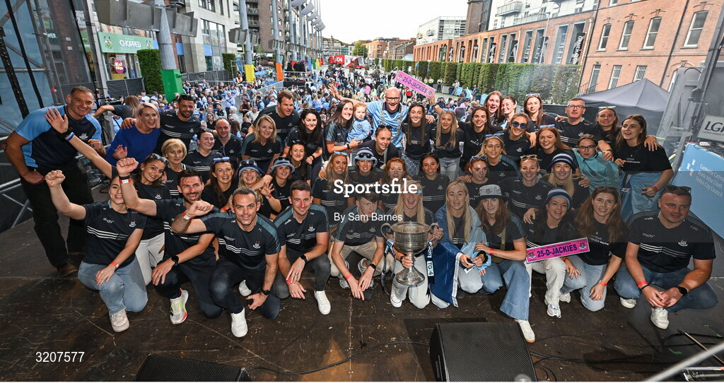 5 August 2025; TG4 All-Ireland Ladies Senior Football Champions Dublin celebrate with The Brendan Martin Cup during their homecoming at Smithfield Square in Dublin. Photo by Sam Barnes/Sportsfile
