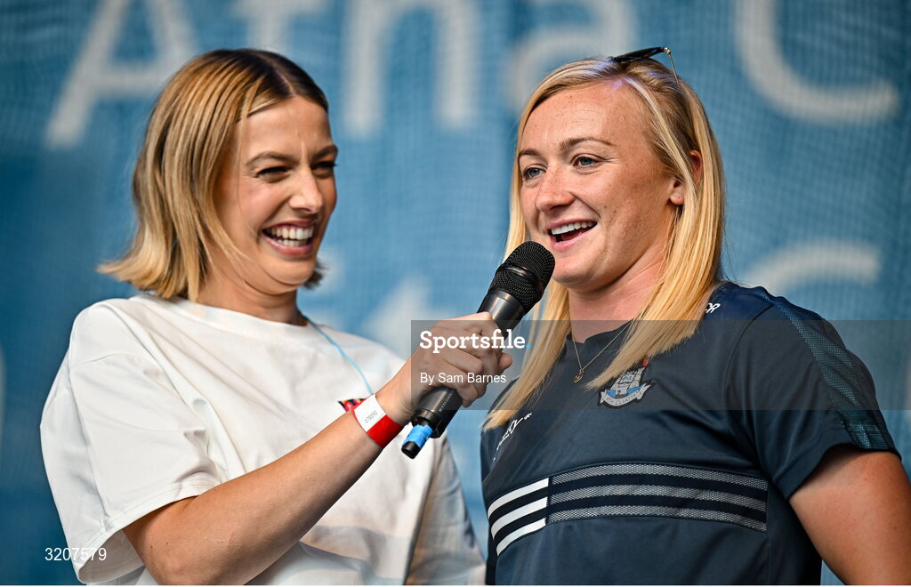 5 August 2025; Dublin captain Carla Rowe with MC Blathnaid Treacy during the homecoming of TG4 All-Ireland Ladies Senior Football Champions, Dublin, at Smithfield Square in Dublin. Photo by Sam Barnes/Sportsfile