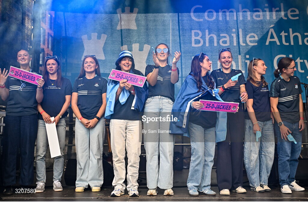 5 August 2025; The Dublin team celebrate during the homecoming of TG4 All-Ireland Ladies Senior Football Champions, Dublin, at Smithfield Square in Dublin. Photo by Sam Barnes/Sportsfile
