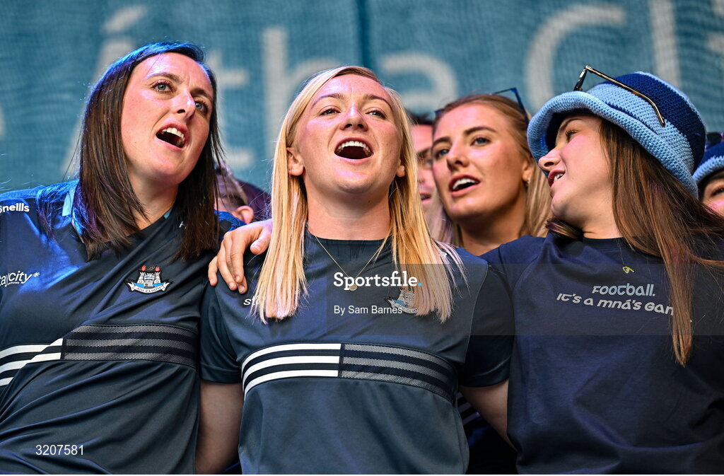 5 August 2025; Dublin players, from left, Hannah Tyrrell, Carla Rowe and Kate Sullivan during the homecoming of TG4 All-Ireland Ladies Senior Football Champions, Dublin, at Smithfield Square in Dublin. Photo by Sam Barnes/Sportsfile