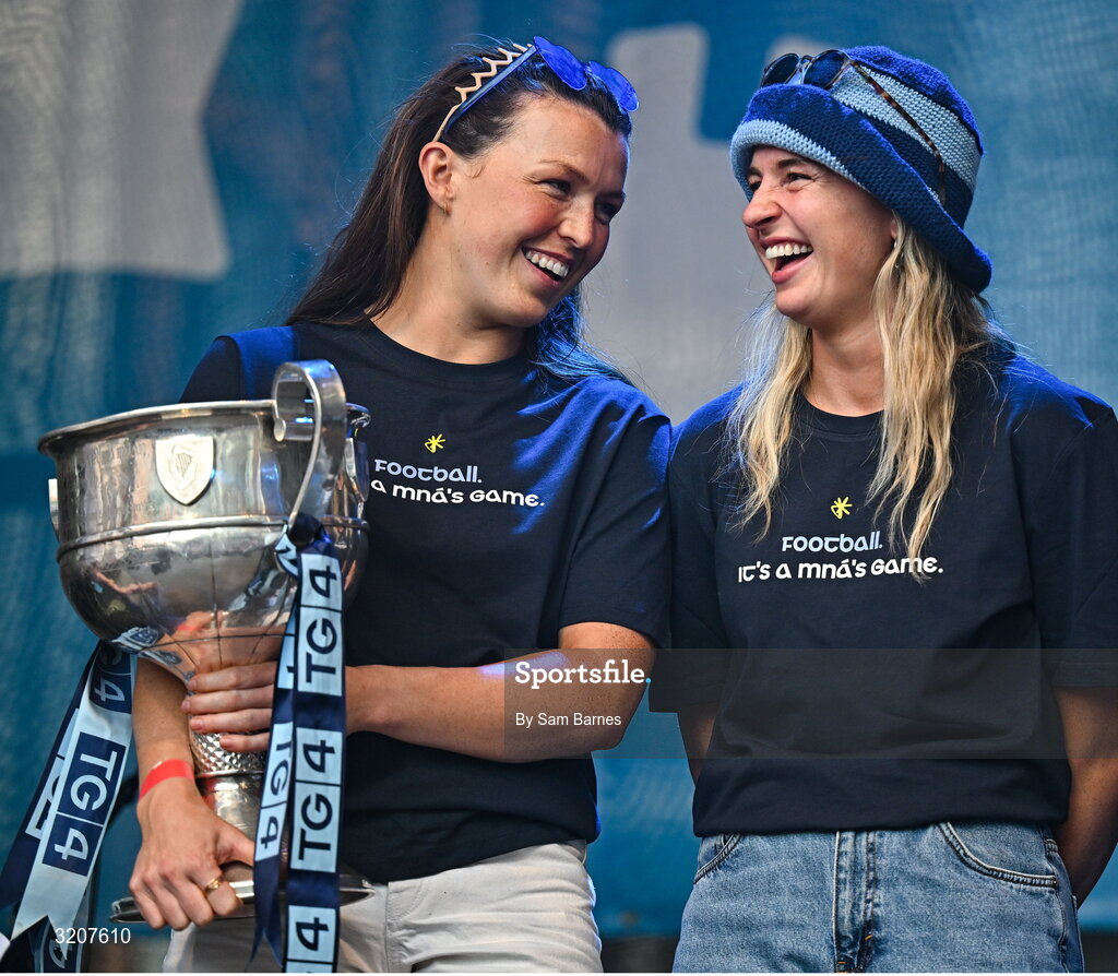 5 August 2025; Leah Caffrey, left, and Martha Bryne during the homecoming of TG4 All-Ireland Ladies Senior Football Champions, Dublin, at Smithfield Square in Dublin. Photo by Sam Barnes/Sportsfile