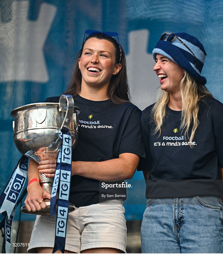 5 August 2025; Leah Caffrey, left, and Martha Bryne during the homecoming of TG4 All-Ireland Ladies Senior Football Champions, Dublin, at Smithfield Square in Dublin. Photo by Sam Barnes/Sportsfile