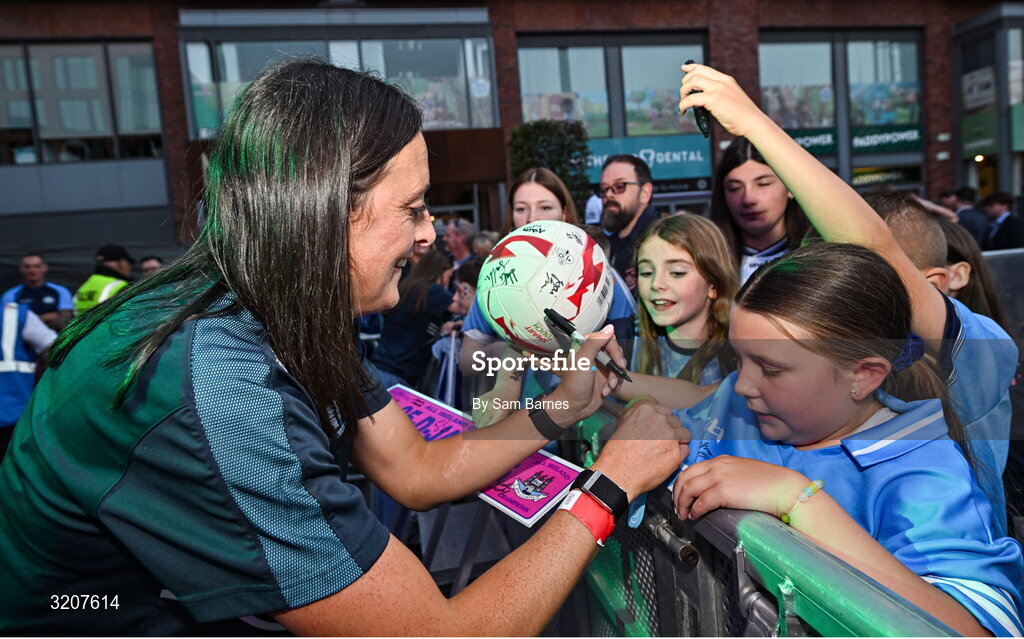 5 August 2025; Hannah Tyrrell signs autographs during the homecoming of TG4 All-Ireland Ladies Senior Football Champions, Dublin, at Smithfield Square in Dublin. Photo by Sam Barnes/Sportsfile