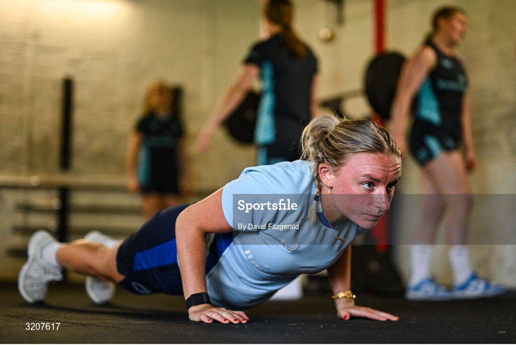 5 August 2025; Emma Tilly during a Leinster Rugby women's squad training and gym session at The High School in Rathgar, Dublin. Photo by David Fitzgerald/Sportsfile
