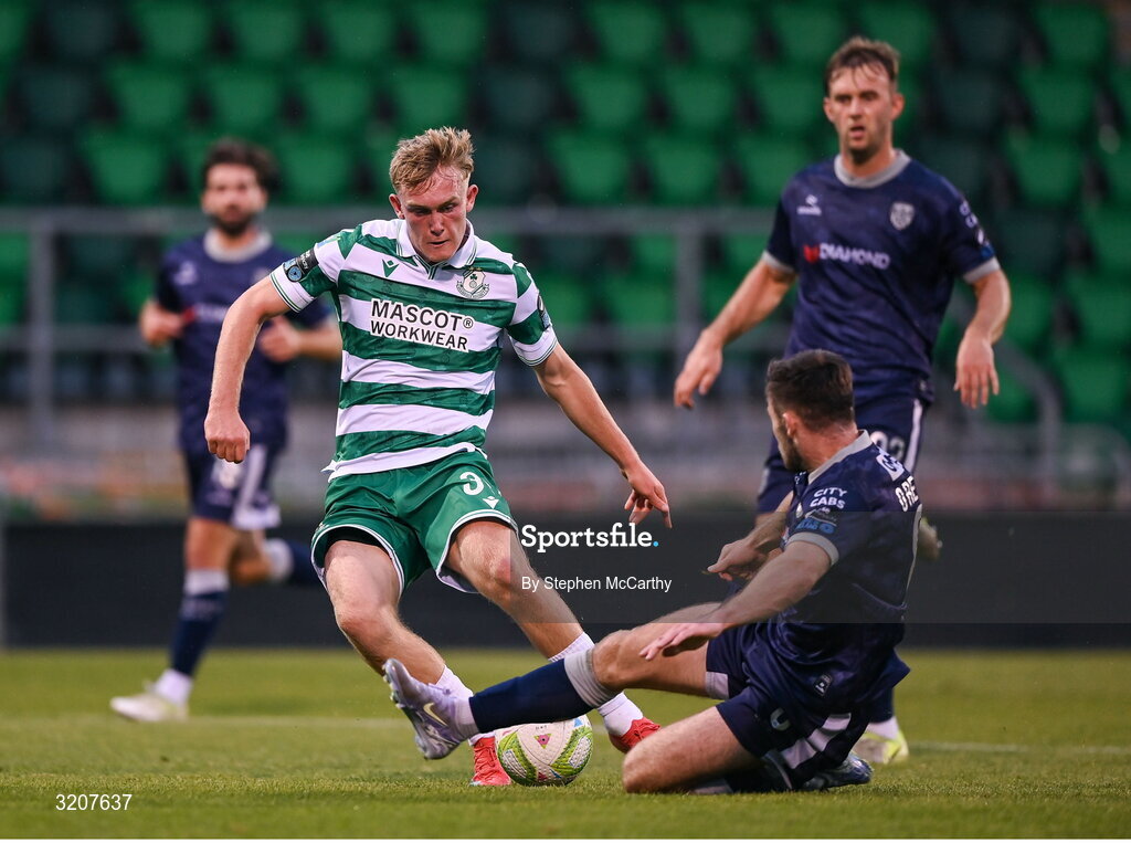 3 August 2025; Michael Noonan of Shamrock Rovers has a shot on goal blocked by Adam O'Reilly of Derry City during the SSE Airtricity Men's Premier Division match between Shamrock Rovers and Derry City at Tallaght Stadium in Dublin.  Photo by Stephen McCarthy/Sportsfile