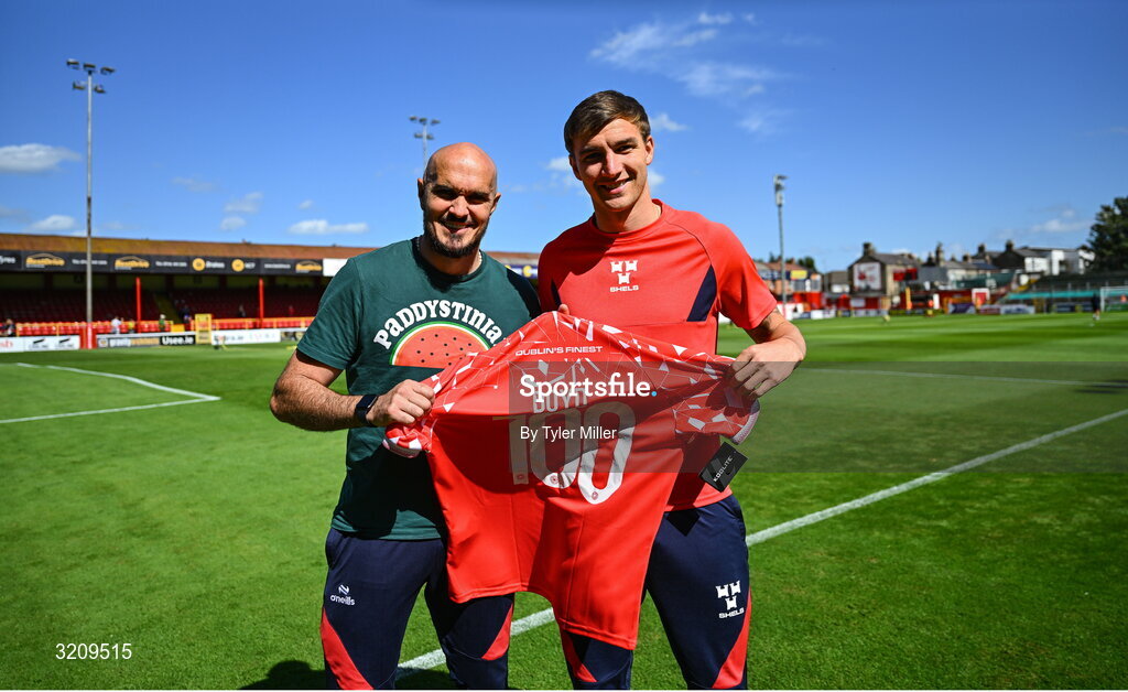 9 August 2025; Sean Boyd of Shelbourne is presented with a jersey to mark his 100th appearance for the club by manager Joey O'Brien before the SSE Airtricity Men's Premier Division match between Shelbourne and Bohemians at Tolka Park in Dublin. Photo by Tyler Miller/Sportsfile