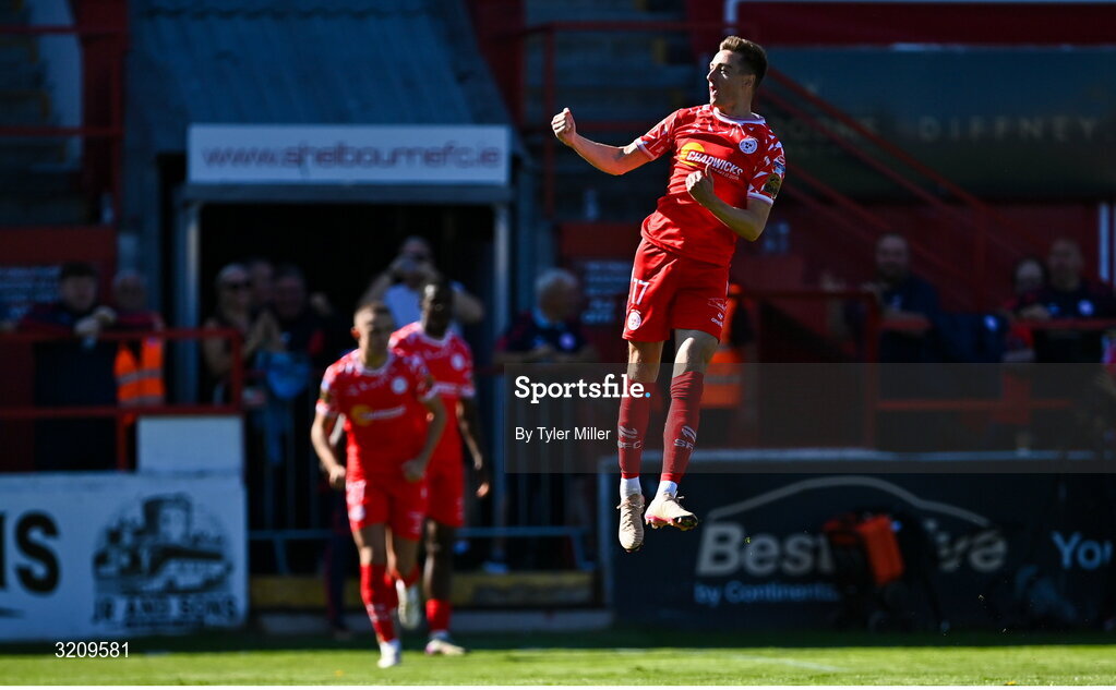 9 August 2025; Daniel Kelly of Shelbourne celebrates after scoring his side's first goal during the SSE Airtricity Men's Premier Division match between Shelbourne and Bohemians at Tolka Park in Dublin. Photo by Tyler Miller/Sportsfile