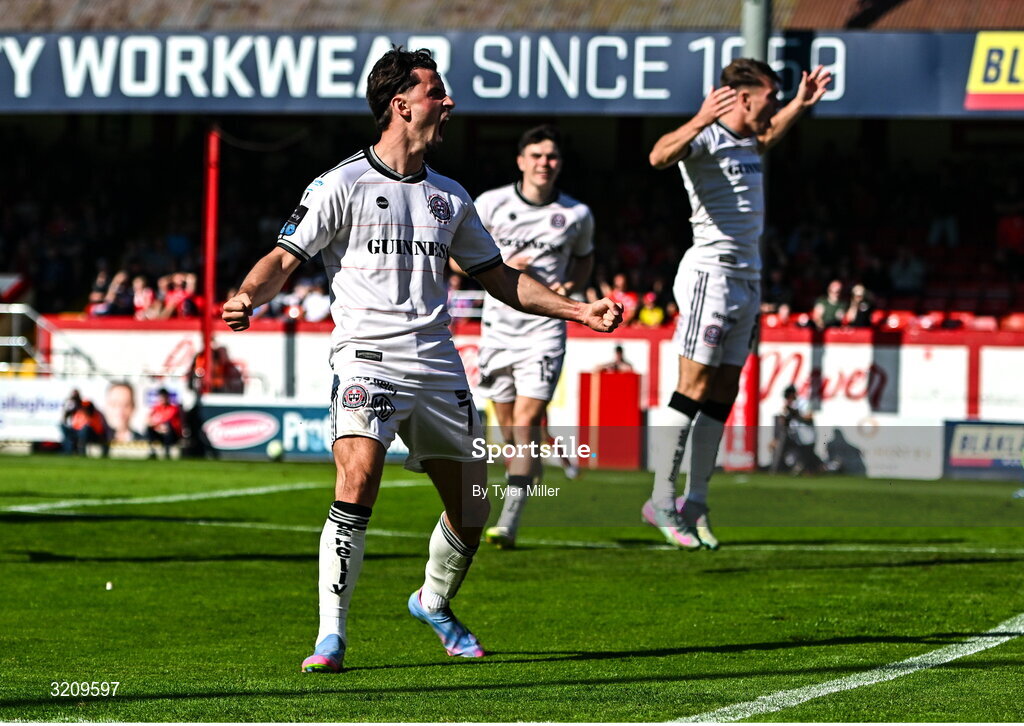 9 August 2025; Connor Parsons of Bohemians celebrates after scoring his side's first goal during the SSE Airtricity Men's Premier Division match between Shelbourne and Bohemians at Tolka Park in Dublin. Photo by Tyler Miller/Sportsfile