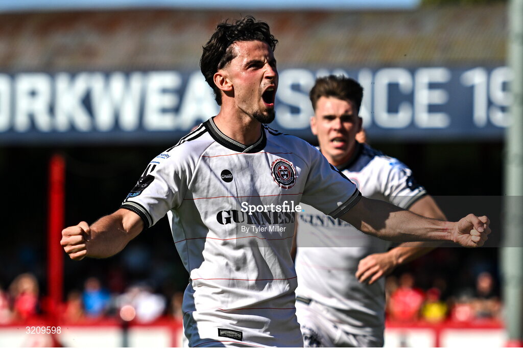9 August 2025; Connor Parsons of Bohemians celebrates after scoring his side's first goal during the SSE Airtricity Men's Premier Division match between Shelbourne and Bohemians at Tolka Park in Dublin. Photo by Tyler Miller/Sportsfile