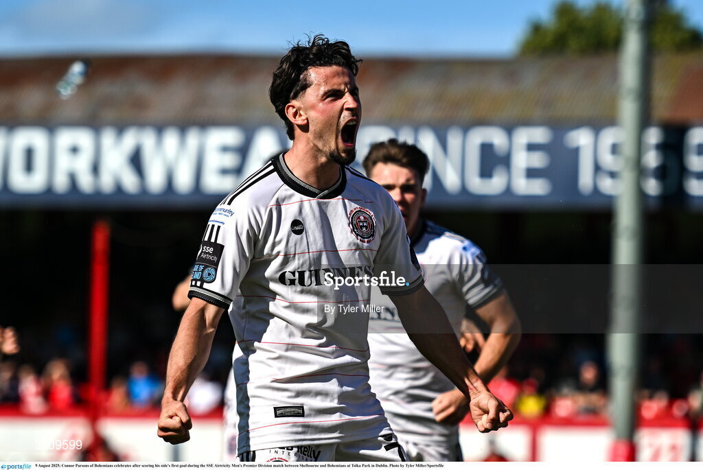 9 August 2025; Connor Parsons of Bohemians celebrates after scoring his side's first goal during the SSE Airtricity Men's Premier Division match between Shelbourne and Bohemians at Tolka Park in Dublin. Photo by Tyler Miller/Sportsfile