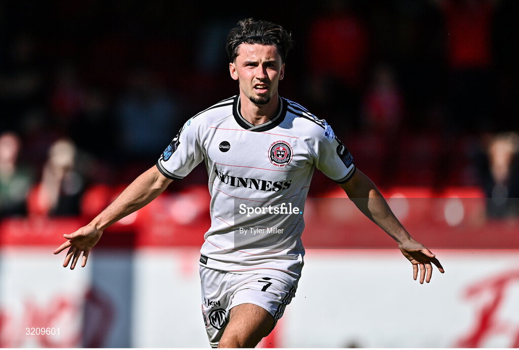9 August 2025; Connor Parsons of Bohemians celebrates after scoring his side's first goal during the SSE Airtricity Men's Premier Division match between Shelbourne and Bohemians at Tolka Park in Dublin. Photo by Tyler Miller/Sportsfile