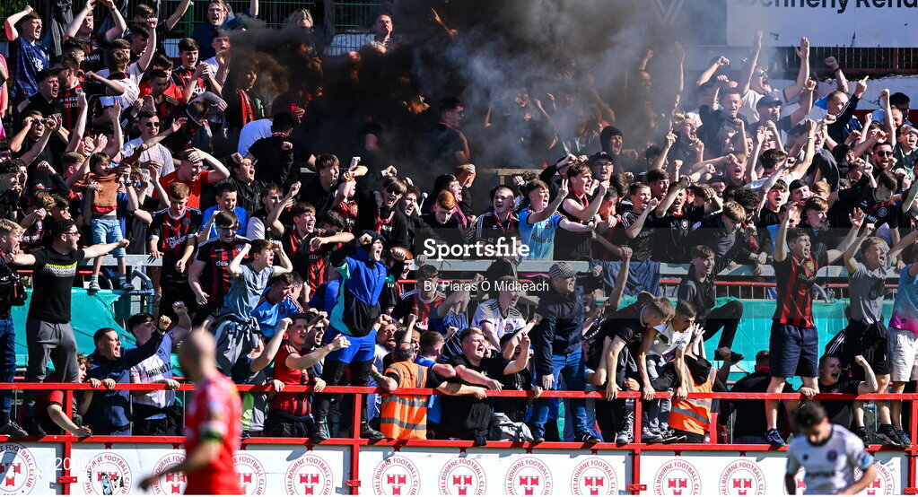 9 August 2025; Bohemians supporters celebrate their side's first goal, scored by Connor Parsons of Bohemians, during the SSE Airtricity Men's Premier Division match between Shelbourne and Bohemians at Tolka Park in Dublin. Photo by Piaras Ó Mídheach/Sportsfile