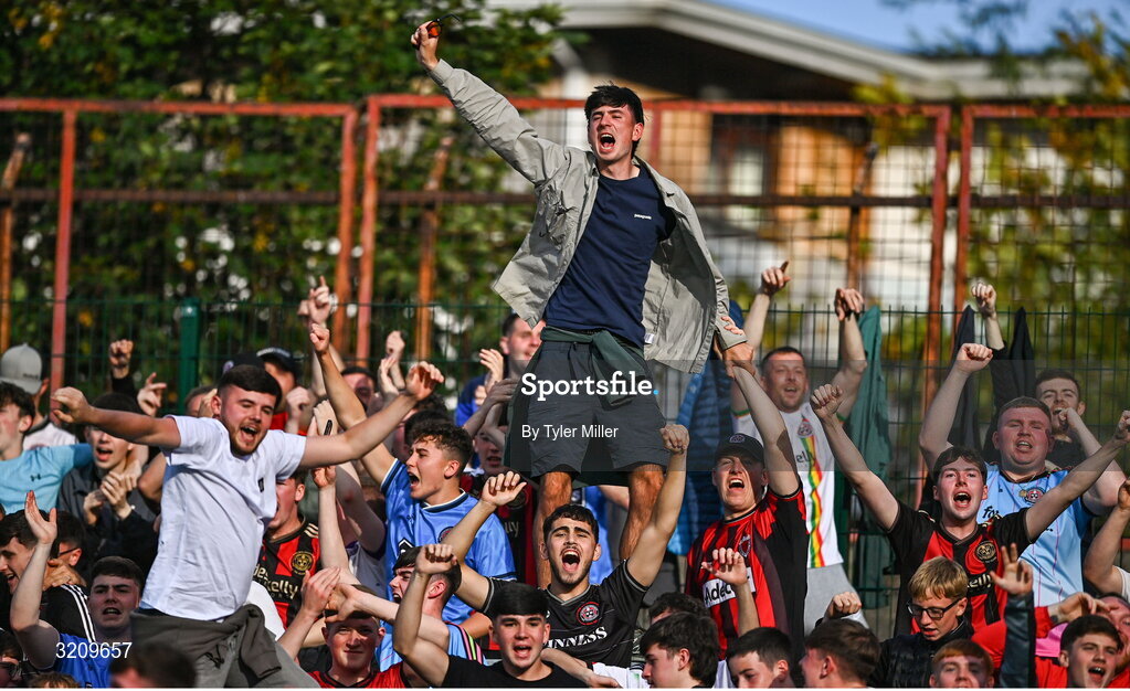 9 August 2025; Bohemians supporters celebrate their side's second goal, scored by Dawson Devoy, not pictured, during the SSE Airtricity Men's Premier Division match between Shelbourne and Bohemians at Tolka Park in Dublin. Photo by Tyler Miller/Sportsfile