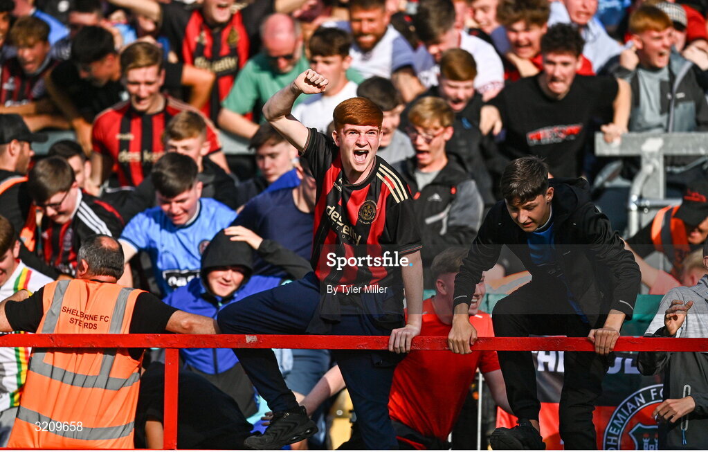 9 August 2025; Bohemians supporters celebrate their side's second goal, scored by Dawson Devoy, not pictured, during the SSE Airtricity Men's Premier Division match between Shelbourne and Bohemians at Tolka Park in Dublin. Photo by Tyler Miller/Sportsfile