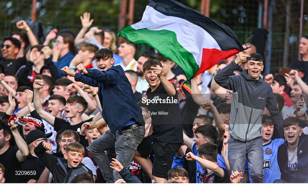 9 August 2025; Bohemians supporters celebrate their side's second goal, scored by Dawson Devoy, not pictured, during the SSE Airtricity Men's Premier Division match between Shelbourne and Bohemians at Tolka Park in Dublin. Photo by Tyler Miller/Sportsfile