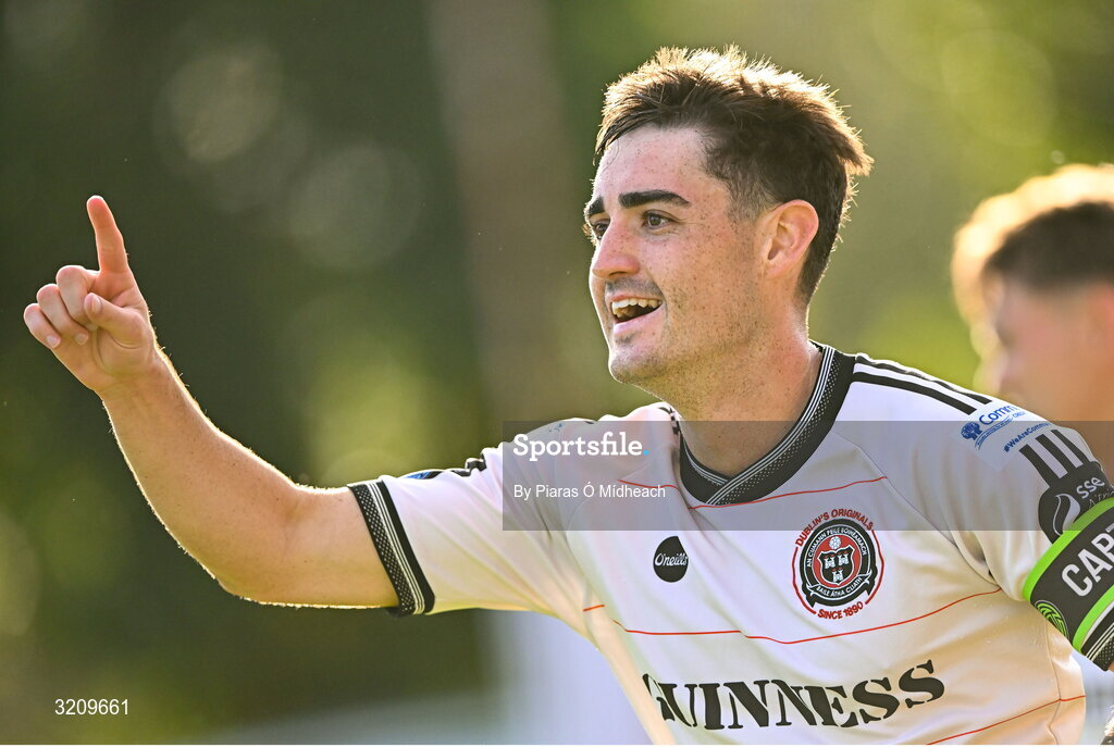 9 August 2025; Dawson Devoy of Bohemians celebrates after scoring his side's second goal during the SSE Airtricity Men's Premier Division match between Shelbourne and Bohemians at Tolka Park in Dublin. Photo by Piaras Ó Mídheach/Sportsfile