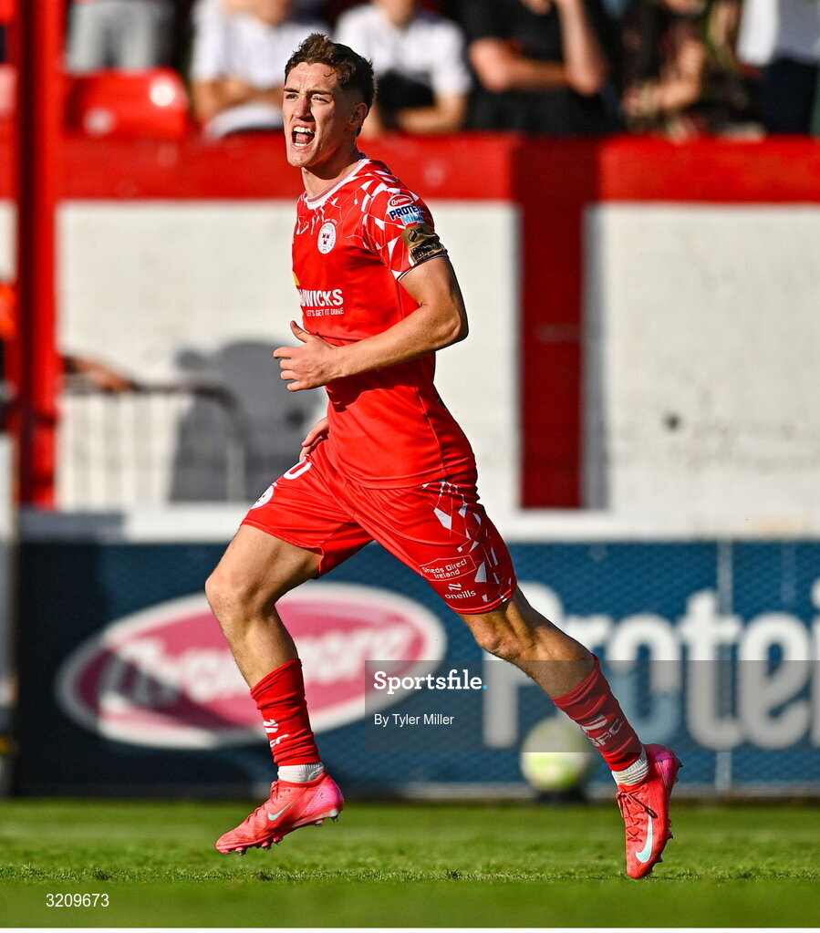 9 August 2025; John Martin of Shelbourne celebrates after scoring his side's second goal during the SSE Airtricity Men's Premier Division match between Shelbourne and Bohemians at Tolka Park in Dublin. Photo by Tyler Miller/Sportsfile