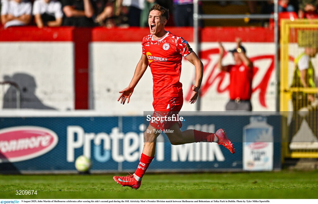 9 August 2025; John Martin of Shelbourne celebrates after scoring his side's second goal during the SSE Airtricity Men's Premier Division match between Shelbourne and Bohemians at Tolka Park in Dublin. Photo by Tyler Miller/Sportsfile