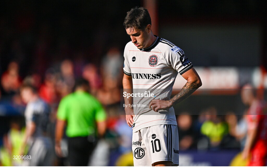 9 August 2025; Dawson Devoy of Bohemians reacts after the SSE Airtricity Men's Premier Division match between Shelbourne and Bohemians at Tolka Park in Dublin. Photo by Tyler Miller/Sportsfile