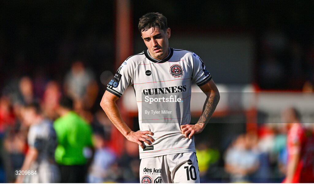 9 August 2025; Dawson Devoy of Bohemians reacts after the SSE Airtricity Men's Premier Division match between Shelbourne and Bohemians at Tolka Park in Dublin. Photo by Tyler Miller/Sportsfile