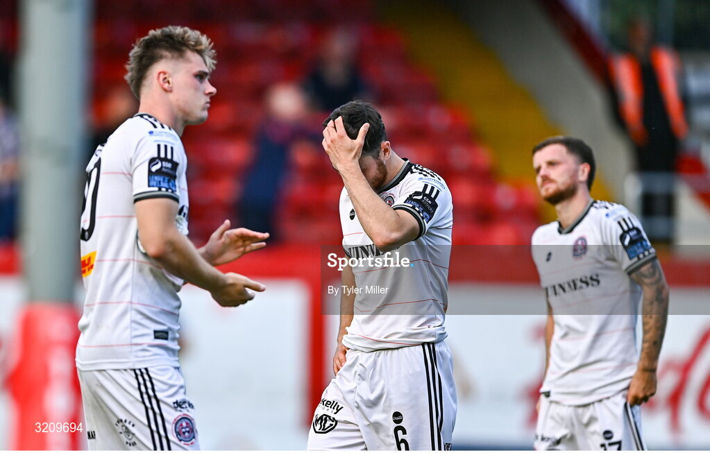 9 August 2025; Jordan Flores of Bohemians, centre, after the SSE Airtricity Men's Premier Division match between Shelbourne and Bohemians at Tolka Park in Dublin. Photo by Tyler Miller/Sportsfile