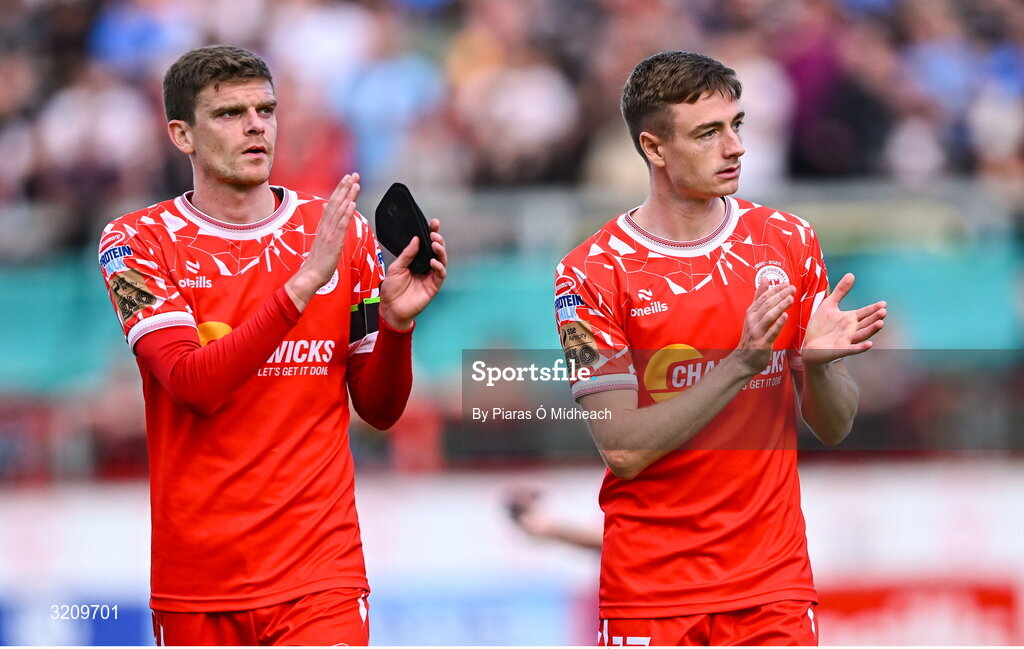 9 August 2025; Shelbourne players Sean Gannon, left, and Daniel Kelly after the drawn SSE Airtricity Men's Premier Division match between Shelbourne and Bohemians at Tolka Park in Dublin. Photo by Piaras Ó Mídheach/Sportsfile