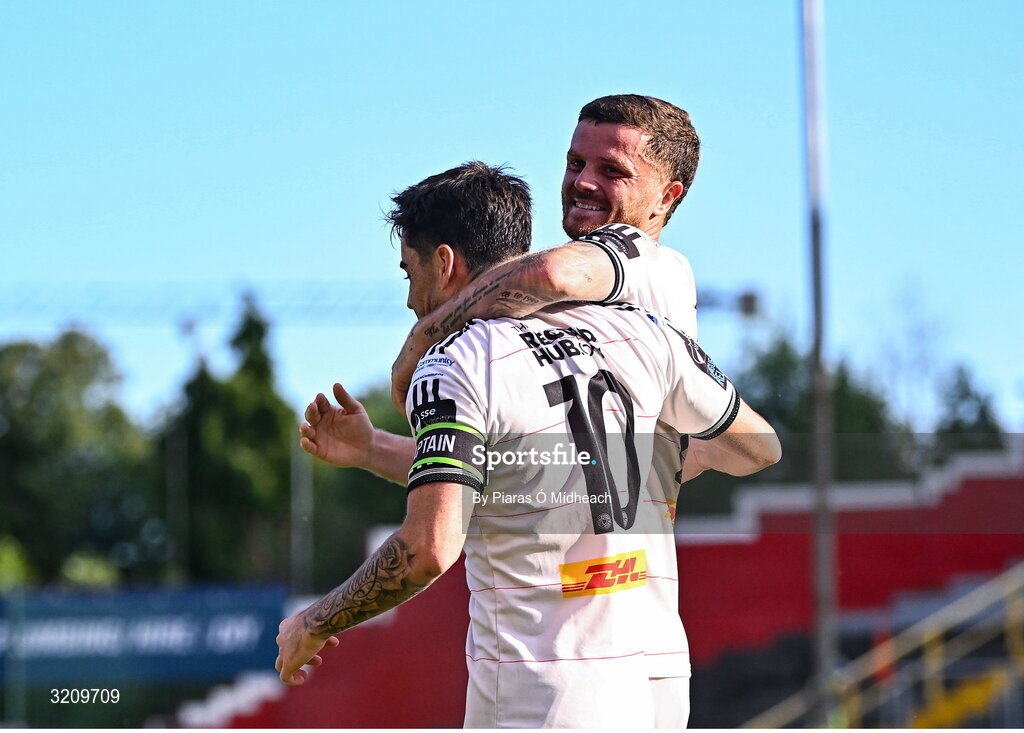 9 August 2025; Dawson Devoy of Bohemians, 10, celebrates with team-mate Adam McDonnell after scoring their side's second half during the SSE Airtricity Men's Premier Division match between Shelbourne and Bohemians at Tolka Park in Dublin. Photo by Piaras Ó Mídheach/Sportsfile