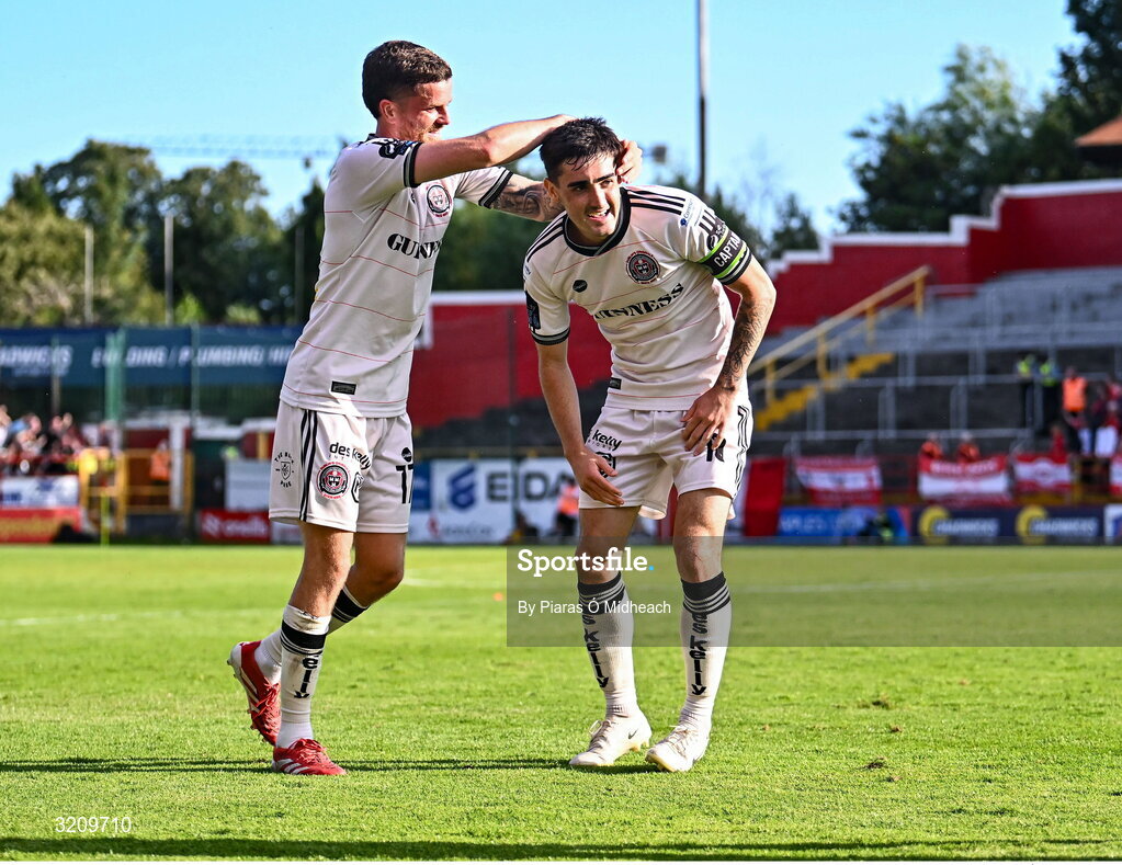 9 August 2025; Dawson Devoy of Bohemians, right, celebrates with team-mate Adam McDonnell after scoring their side's second half during the SSE Airtricity Men's Premier Division match between Shelbourne and Bohemians at Tolka Park in Dublin. Photo by Piaras Ó Mídheach/Sportsfile