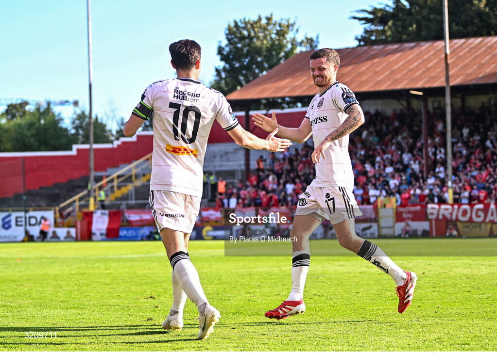 9 August 2025; Dawson Devoy of Bohemians, left, celebrates with team-mate Adam McDonnell after scoring their side's second half during the SSE Airtricity Men's Premier Division match between Shelbourne and Bohemians at Tolka Park in Dublin. Photo by Piaras Ó Mídheach/Sportsfile