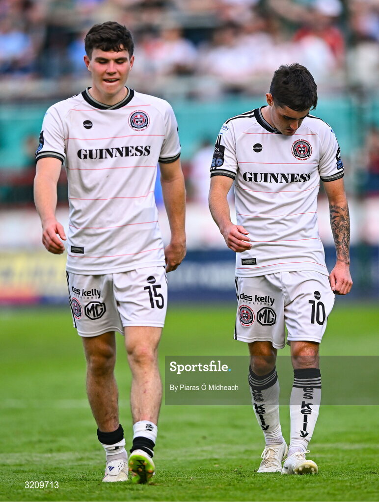 9 August 2025; Bohemians players Dawson Devoy, right, and James Clarke after the drawn SSE Airtricity Men's Premier Division match between Shelbourne and Bohemians at Tolka Park in Dublin. Photo by Piaras Ó Mídheach/Sportsfile