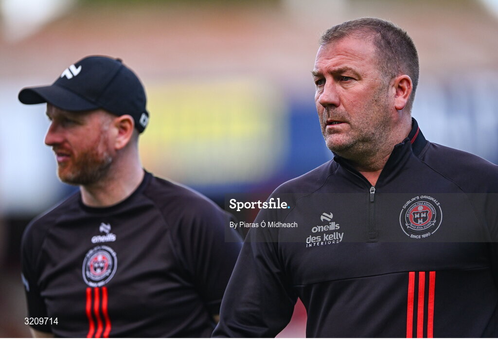 9 August 2025; Bohemians manager Alan Reynolds, right, and assistant manager Stephen O'Donnell after the drawn SSE Airtricity Men's Premier Division match between Shelbourne and Bohemians at Tolka Park in Dublin. Photo by Piaras Ó Mídheach/Sportsfile