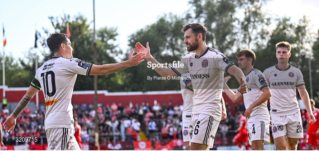 9 August 2025; Dawson Devoy of Bohemians, left, celebrates with team-mate Jordan Flores after scoring their side's second half during the SSE Airtricity Men's Premier Division match between Shelbourne and Bohemians at Tolka Park in Dublin. Photo by Piaras Ó Mídheach/Sportsfile