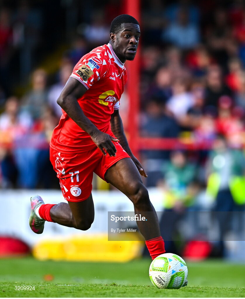 9 August 2025; Mipo Odubeko of Shelbourne during the SSE Airtricity Men's Premier Division match between Shelbourne and Bohemians at Tolka Park in Dublin. Photo by Tyler Miller/Sportsfile