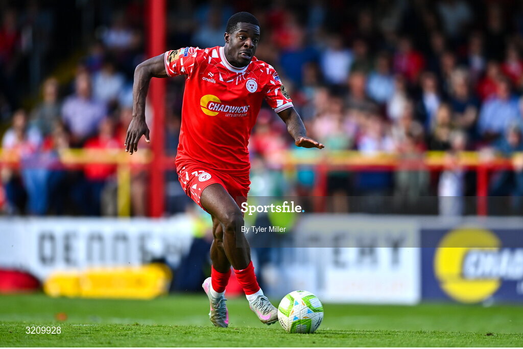 9 August 2025; Mipo Odubeko of Shelbourne during the SSE Airtricity Men's Premier Division match between Shelbourne and Bohemians at Tolka Park in Dublin. Photo by Tyler Miller/Sportsfile