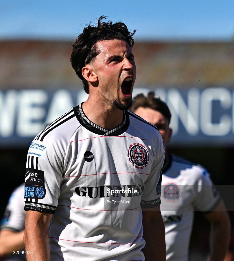 9 August 2025; Connor Parsons of Bohemians celebrates after scoring his side's first goal during the SSE Airtricity Men's Premier Division match between Shelbourne and Bohemians at Tolka Park in Dublin. Photo by Tyler Miller/Sportsfile