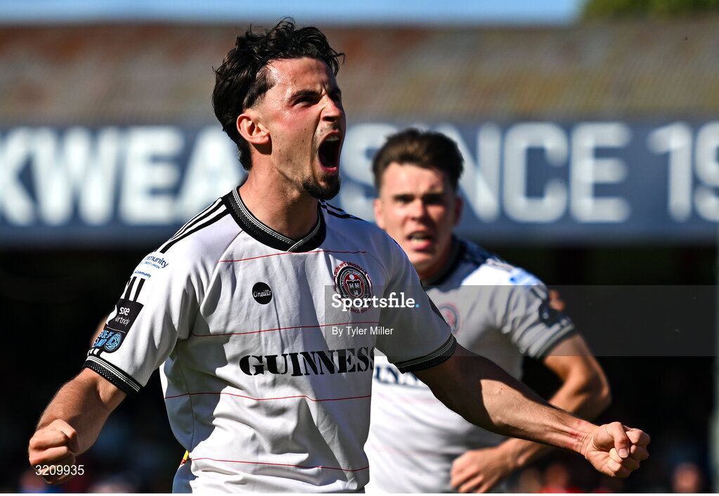 9 August 2025; Connor Parsons of Bohemians celebrates after scoring his side's first goal during the SSE Airtricity Men's Premier Division match between Shelbourne and Bohemians at Tolka Park in Dublin. Photo by Tyler Miller/Sportsfile