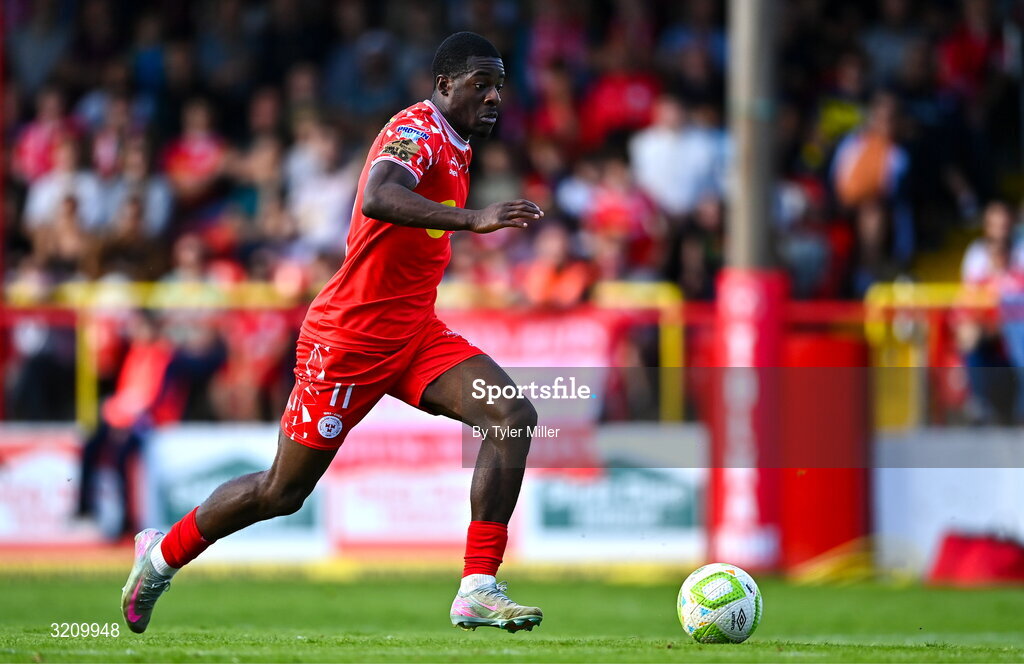 9 August 2025; Mipo Odubeko of Shelbourne during the SSE Airtricity Men's Premier Division match between Shelbourne and Bohemians at Tolka Park in Dublin. Photo by Tyler Miller/Sportsfile