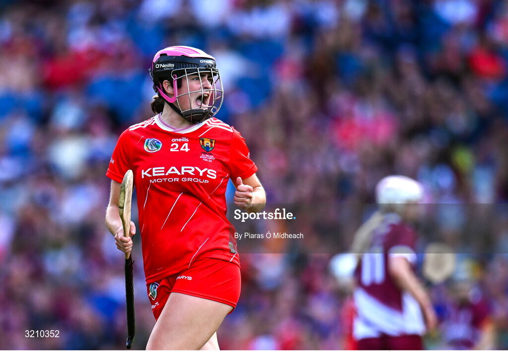10 August 2025; Emma Murphy of Cork celebrates scoring a point during the Glen Dimplex All-Ireland Senior Camogie Championship final match between Cork and Galway at Croke Park in Dublin. Photo by Piaras Ó Mídheach/Sportsfile