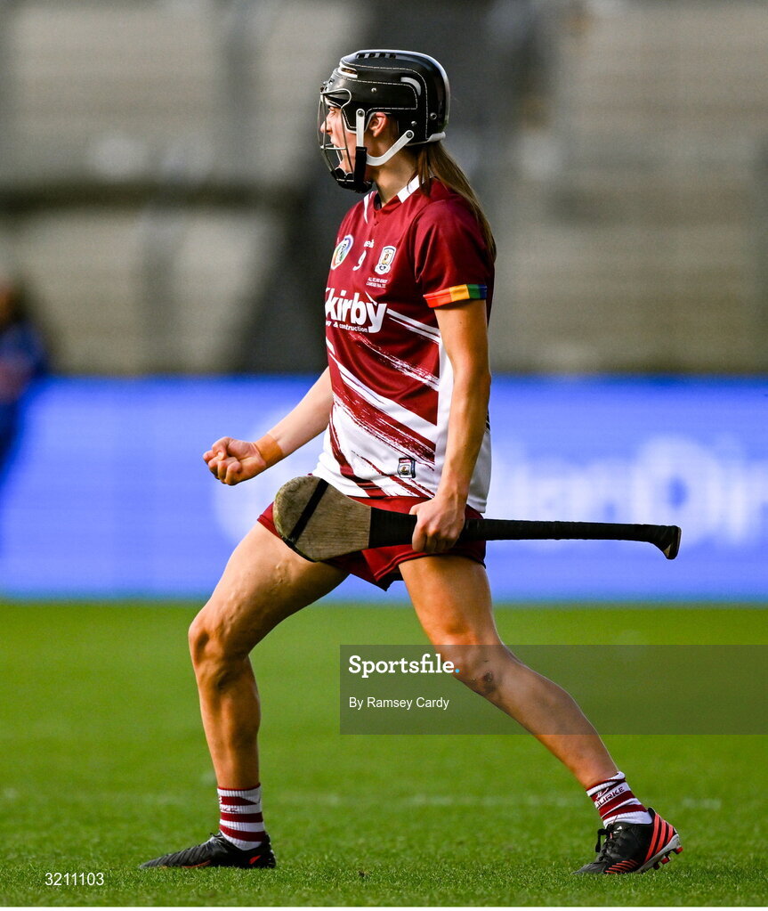 10 August 2025; Carrie Dolan of Galway celebrates scoring the match winning point from a free during the Glen Dimplex All-Ireland Senior Camogie Championship final match between Cork and Galway at Croke Park in Dublin. Photo by Ramsey Cardy/Sportsfile