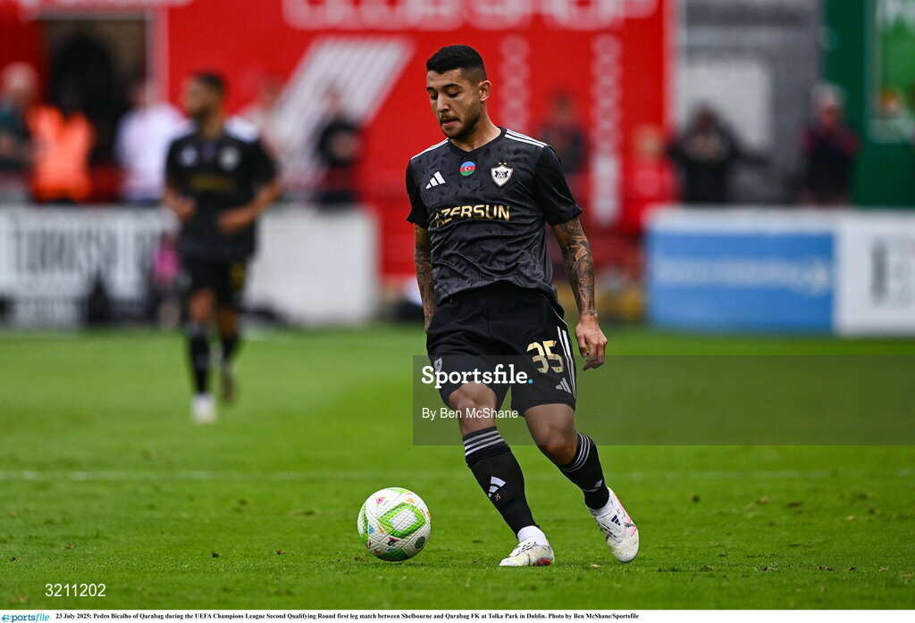 23 July 2025; Pedro Bicalho of Qarabag during the UEFA Champions League Second Qualifying Round first leg match between Shelbourne and Qarabag FK at Tolka Park in Dublin. Photo by Ben McShane/Sportsfile