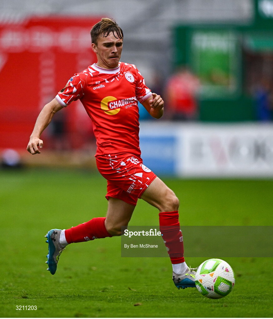 23 July 2025; James Norris of Shelbourne during the UEFA Champions League Second Qualifying Round first leg match between Shelbourne and Qarabag FK at Tolka Park in Dublin. Photo by Ben McShane/Sportsfile