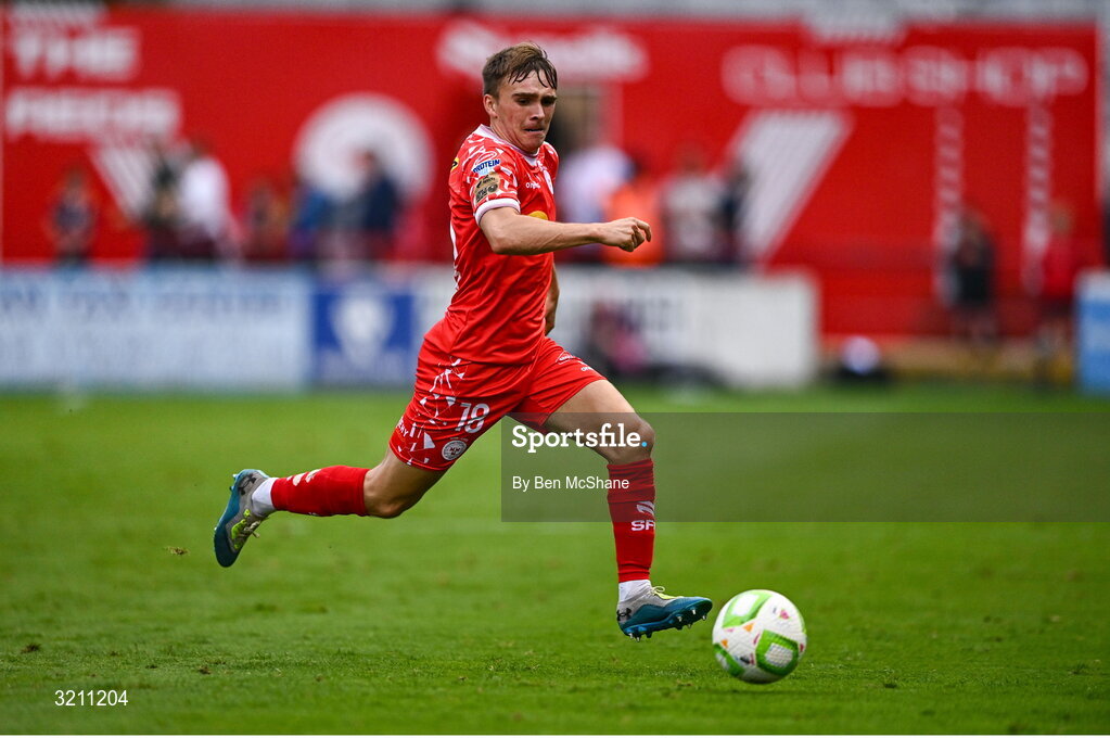 23 July 2025; James Norris of Shelbourne during the UEFA Champions League Second Qualifying Round first leg match between Shelbourne and Qarabag FK at Tolka Park in Dublin. Photo by Ben McShane/Sportsfile