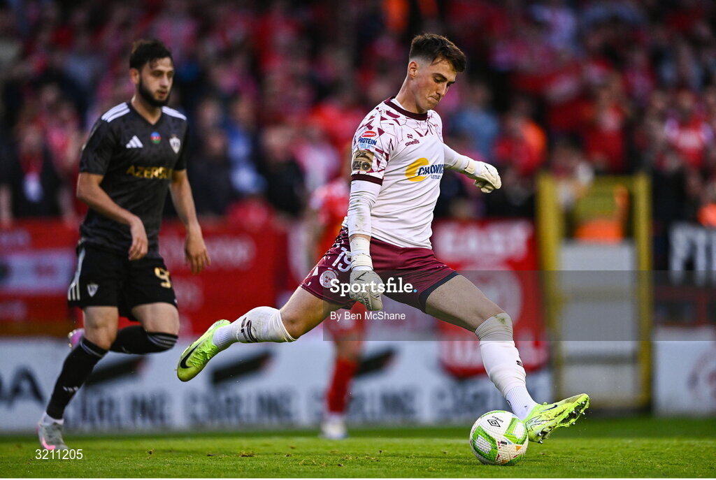 23 July 2025; Shelbourne goalkeeper Lorcan Healy during the UEFA Champions League Second Qualifying Round first leg match between Shelbourne and Qarabag FK at Tolka Park in Dublin. Photo by Ben McShane/Sportsfile