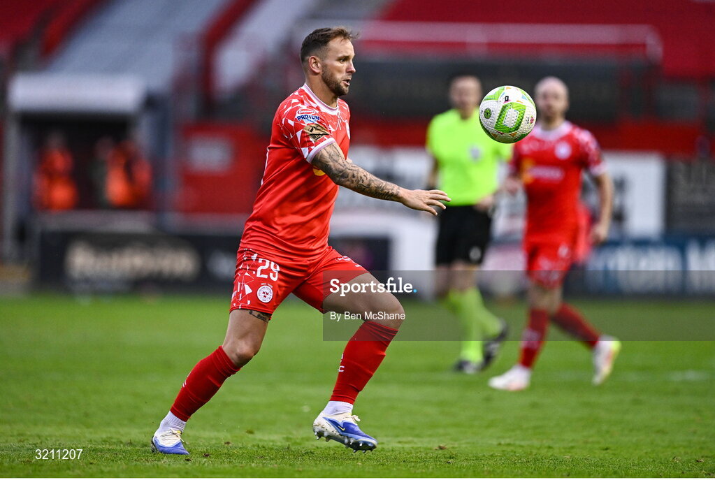 23 July 2025; Paddy Barrett of Shelbourne during the UEFA Champions League Second Qualifying Round first leg match between Shelbourne and Qarabag FK at Tolka Park in Dublin. Photo by Ben McShane/Sportsfile