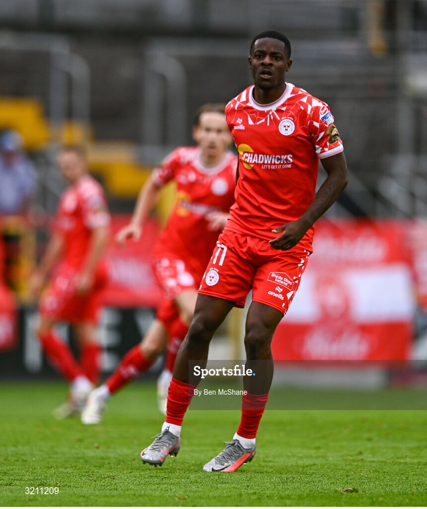 23 July 2025; Mipo Odubeko of Shelbourne during the UEFA Champions League Second Qualifying Round first leg match between Shelbourne and Qarabag FK at Tolka Park in Dublin. Photo by Ben McShane/Sportsfile